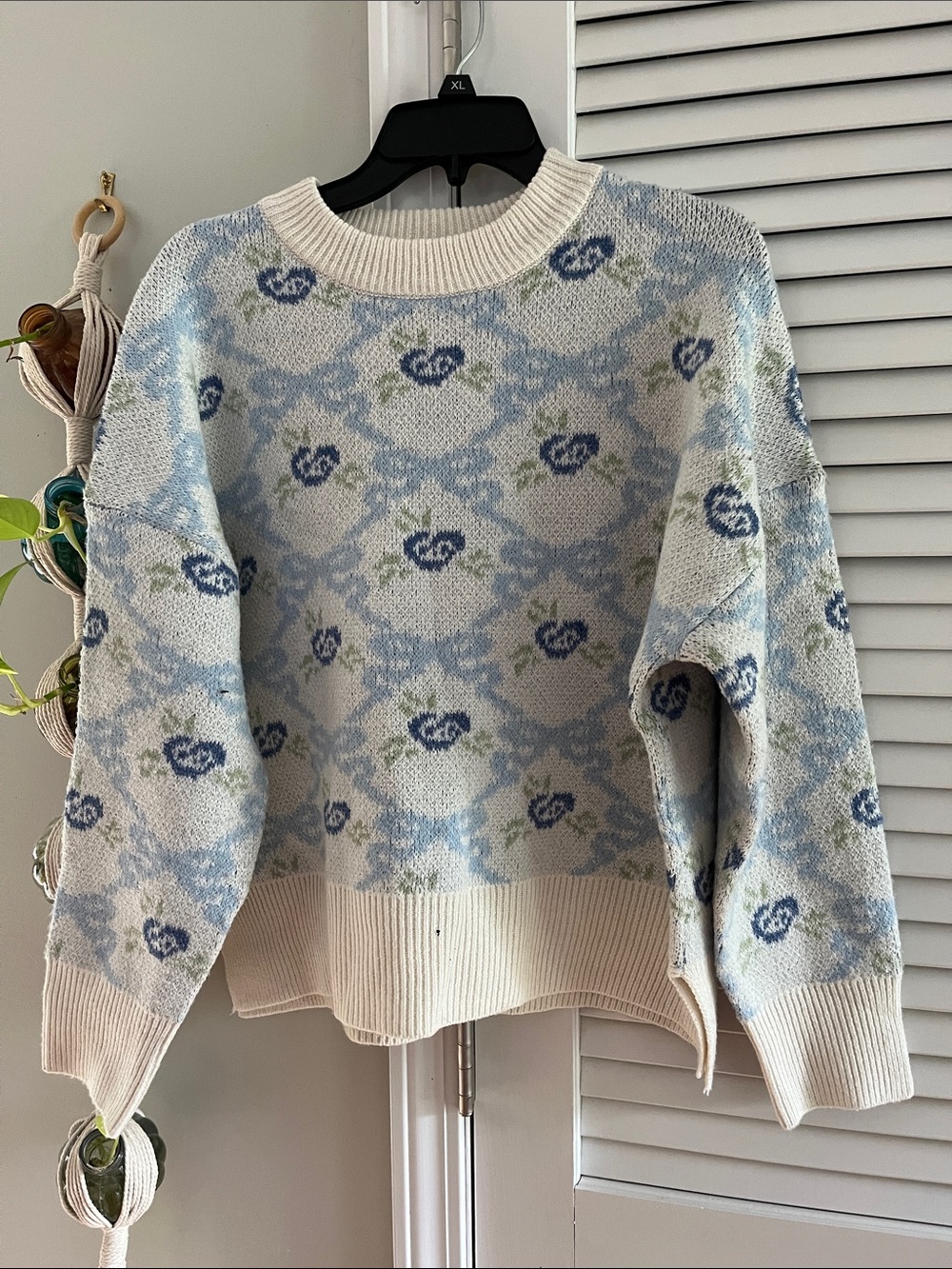 Sincerely Jules Cream Crewneck Sweater with Light and Dark Blue Floral Motif
